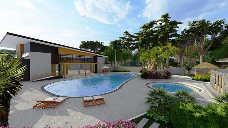 The fully-airconditioned clubhouse and the community swimming pool adjacent to it.