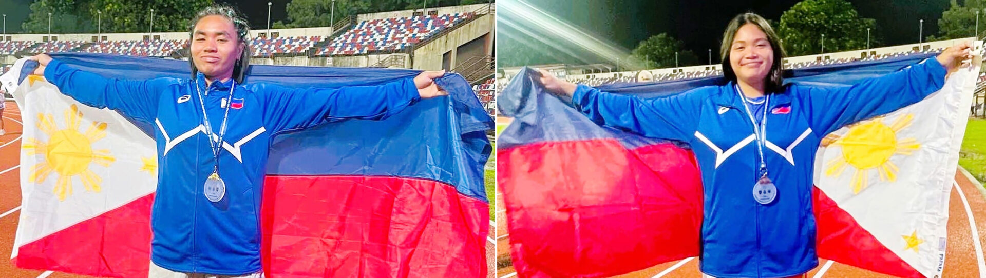 BIG WINNERS: Jewel Trangia and Ana Bhianca Espenilla proudly display the Philippine flag after their rousing victories.