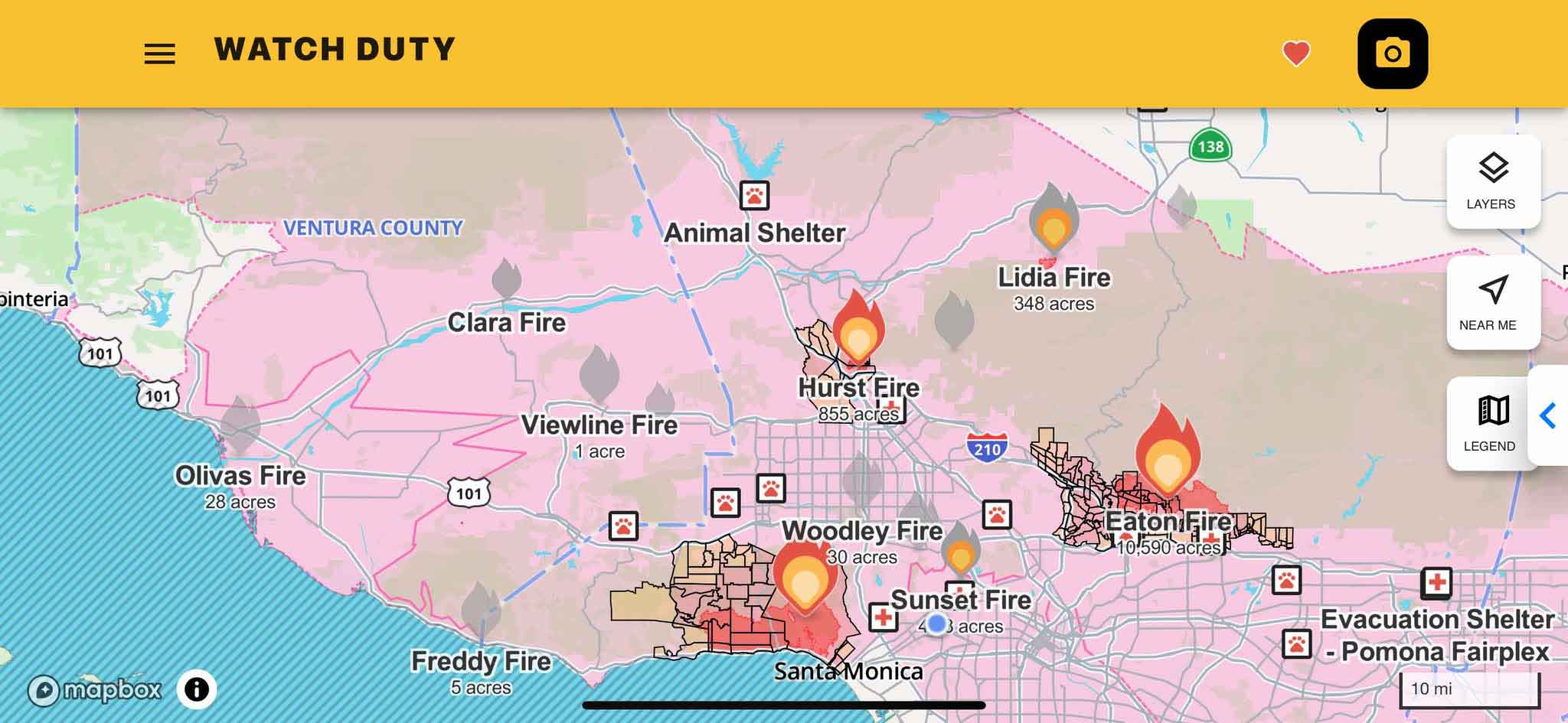 An actual Watch Duty screenshot of all four fire locations on January 11, 2005 in Los Angeles.