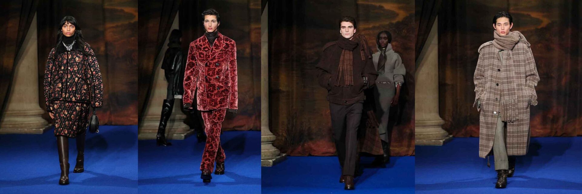 Models present creations at the Burberry catwalk show during London Fashion Week in London, Britain.