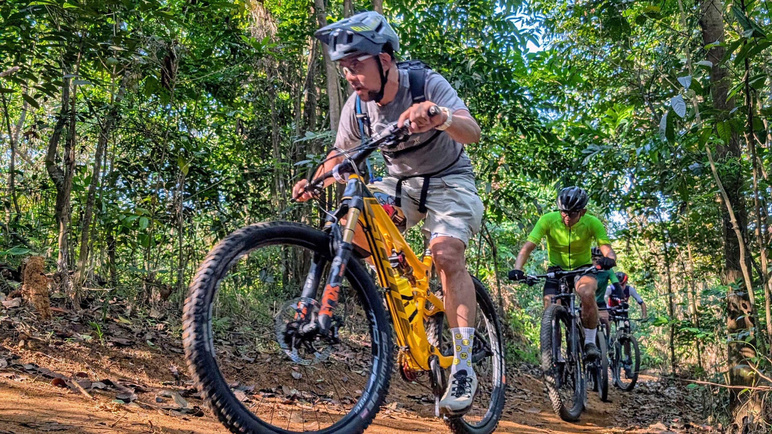 Riders cruising through the Skyline, one of Timberland Mountain Bike Park’s newest trails.